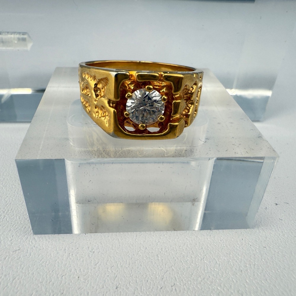 Chunky Vintage Gold Tone Men's Statement Ring‎ with Clear Glass Stone Size 11.75 - Picture 12 of 12